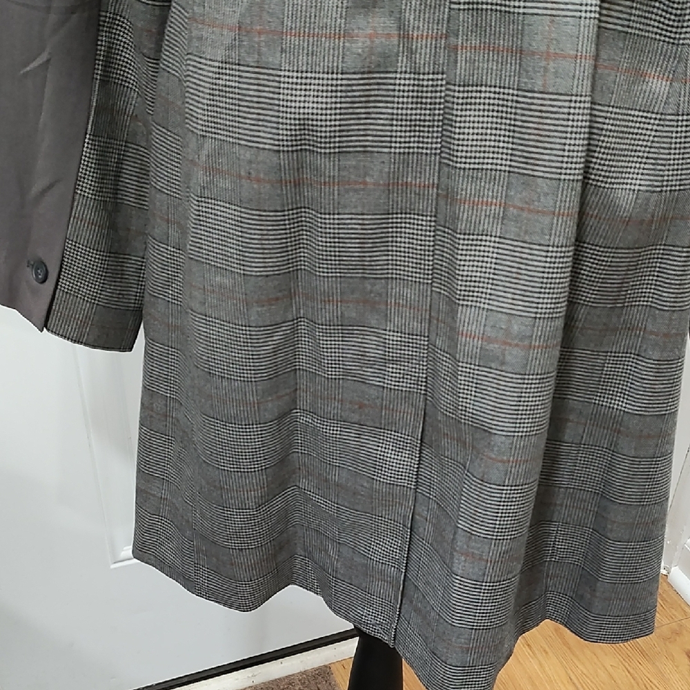 Womens Double-Breasted Trench Coat in Gray with Plaid Side Panels - Picture 8 of 13